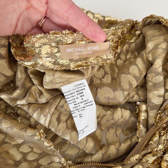 Michael Kors Metallic Gold Silk Cheetah Fil Coupe Draped Sarong Skirt Size 8 - Picture 8 of 10